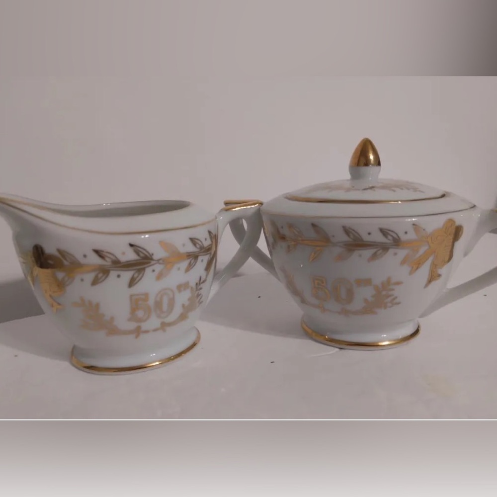 Vtg Lefton China 50th Anniversary Lidded Sugar Bowl Creamer Set #274N Gold Trim